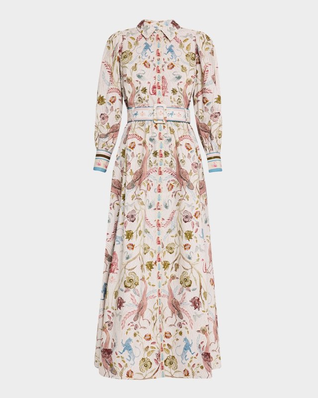 Belted Floral & Animal-Print Maxi Shirtdress
